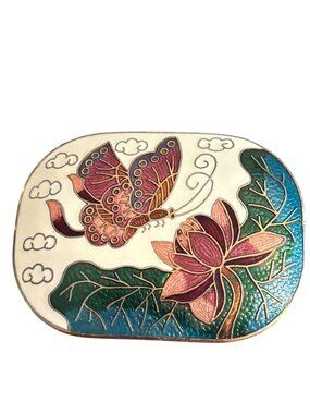 Vintage Butterfly Lotus Cloisonné Gold Tone Belt Buckle Enamel 2.75x2.25 Estate